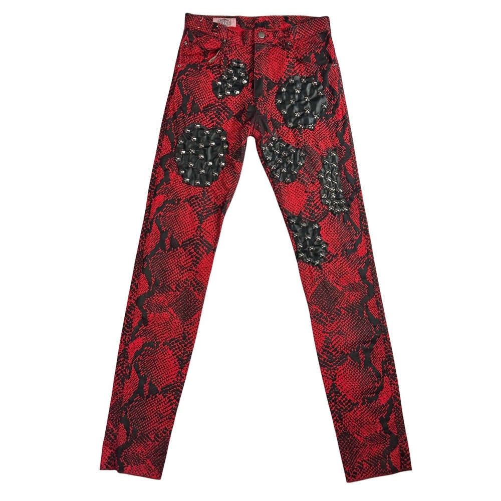 Trash and Vaudeville Red Snake Print Y2K Studded Leather Patch Pants Punk Goth